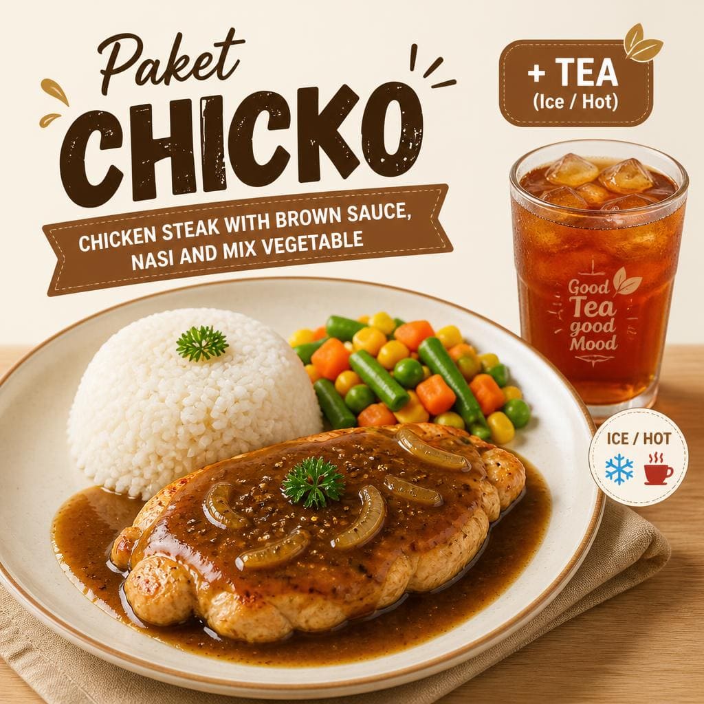 Paket Chicko dengan chicken steak, brown sauce, nasi, mix vegetable, dan tea